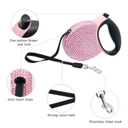 Wholesale Dog Rhinestone Leash Retractable Glow Pet Dog Leash 10 ft Dog Leash with Bright Pink for Small Breed