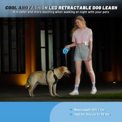 Custom Dog Retractable Leash with LED Light for Night Walks up to 88lbs 360 Tangle Handed Brake, Pause, Lock