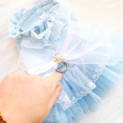 Pet Blue Leash Dress Spring/Summer Thin Dog Clothes, Cat Princess Dress with Waltz Style for Small Pets Wholesale