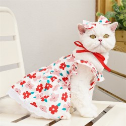 Cat Summer Skirt Dress Clothes for Dogs and Cats Floral Bow Dog Dresses With Traction Ring Pet Shirt