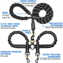 Adjustable Dog Reflective Leash Dual Double Ended Leads No Tangles Coupler 360 Degree Swivel Anti-tangle Double Dog Leash