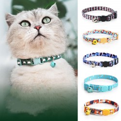 Cat Adjustable Nylon Collar With Cute Flowers Printing and Small Bell Solid Pattern Easy to Fit