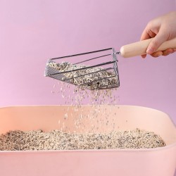 Large Cat Scoop Litter with Holder, Fast Sifting Kitten Poop Lifter, Steel Cat Litter Scooper with Wood Handle Stand
