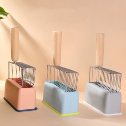 Large Cat Scoop Litter with Holder, Fast Sifting Kitten Poop Lifter, Steel Cat Litter Scooper with Wood Handle Stand