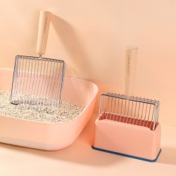 Large Cat Scoop Litter with Holder, Fast Sifting Kitten Poop Lifter, Steel Cat Litter Scooper with Wood Handle Stand