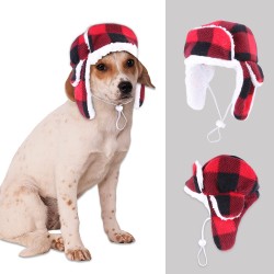 Warm Christmas Dog Hat with Earmuffs Adjustable Pet Red Plaid Pet Cap Xmas Dog Headwear Headdress