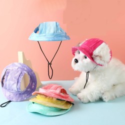 Custom Summer Pet Sunhat Visor Sun Protection Tie-dye Bucket Cap Breathable Cotton Travel Hat With Ear Hole for Dog Cat
