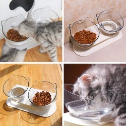 Custom Cat Food Bowls with Silicone Pet Mat Double Raised Cat Transparent Plastic Bowl with Stand